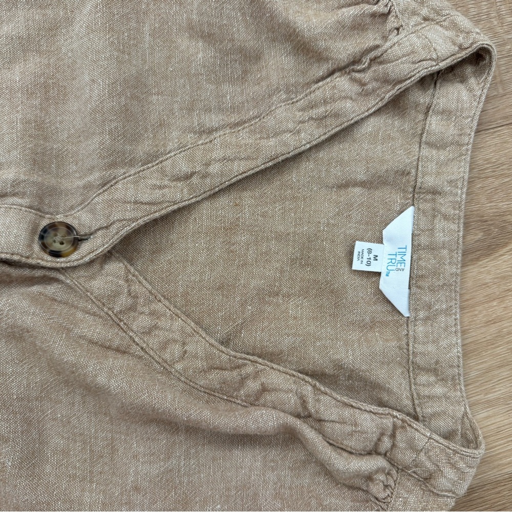 Linen Blend Button Safari Shift Front Midi Dress Tie Waist Beige M Time and Tru - Picture 8 of 10